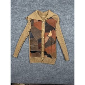 Vintage Patchwork Leather Front Knit‎ Cardigan Sweater Merino Blend Size M